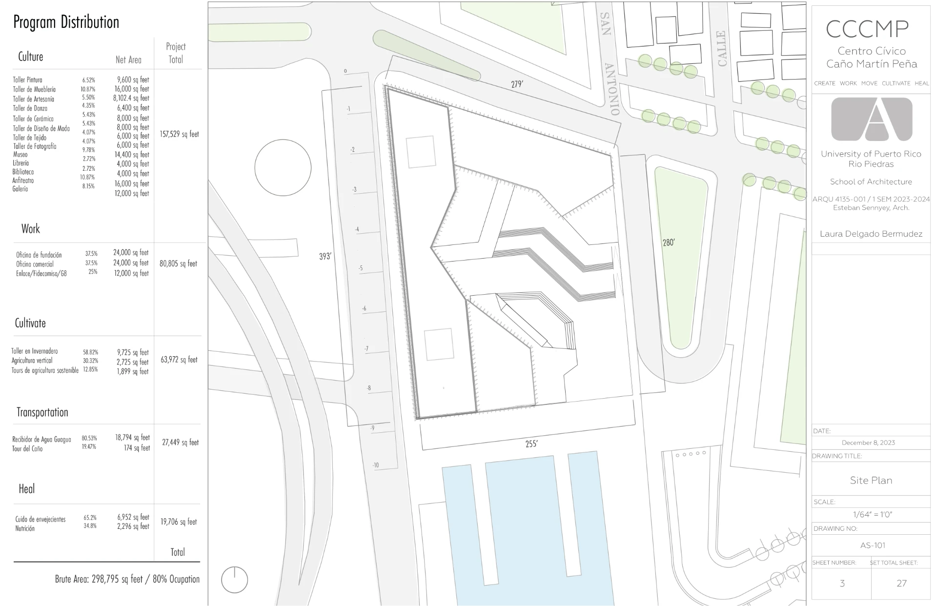 Site plan and program distribution — Civic Center Caño Martín Peña