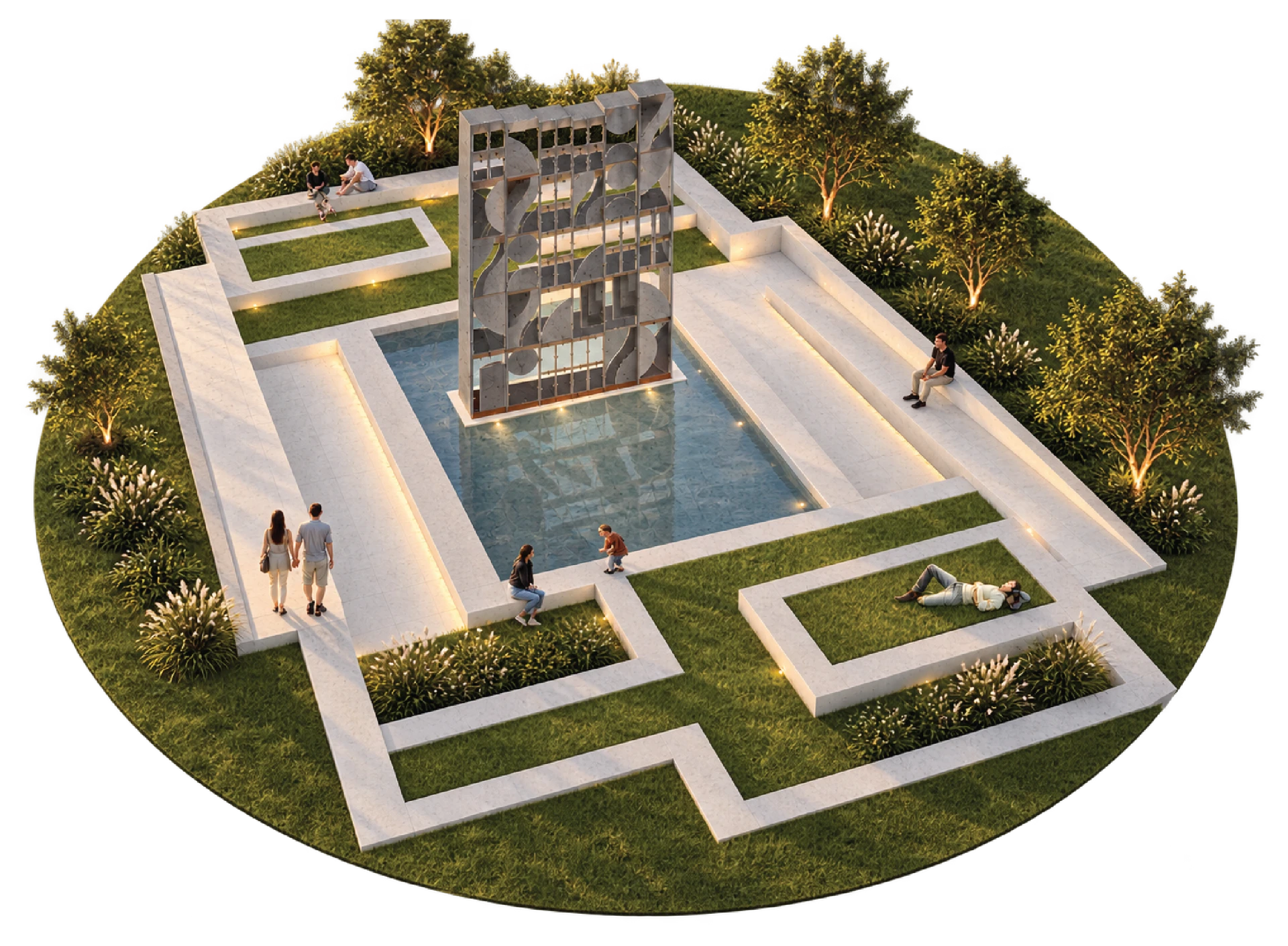 Plaza render — sculpture in a reflecting pool among concrete paths and lawn