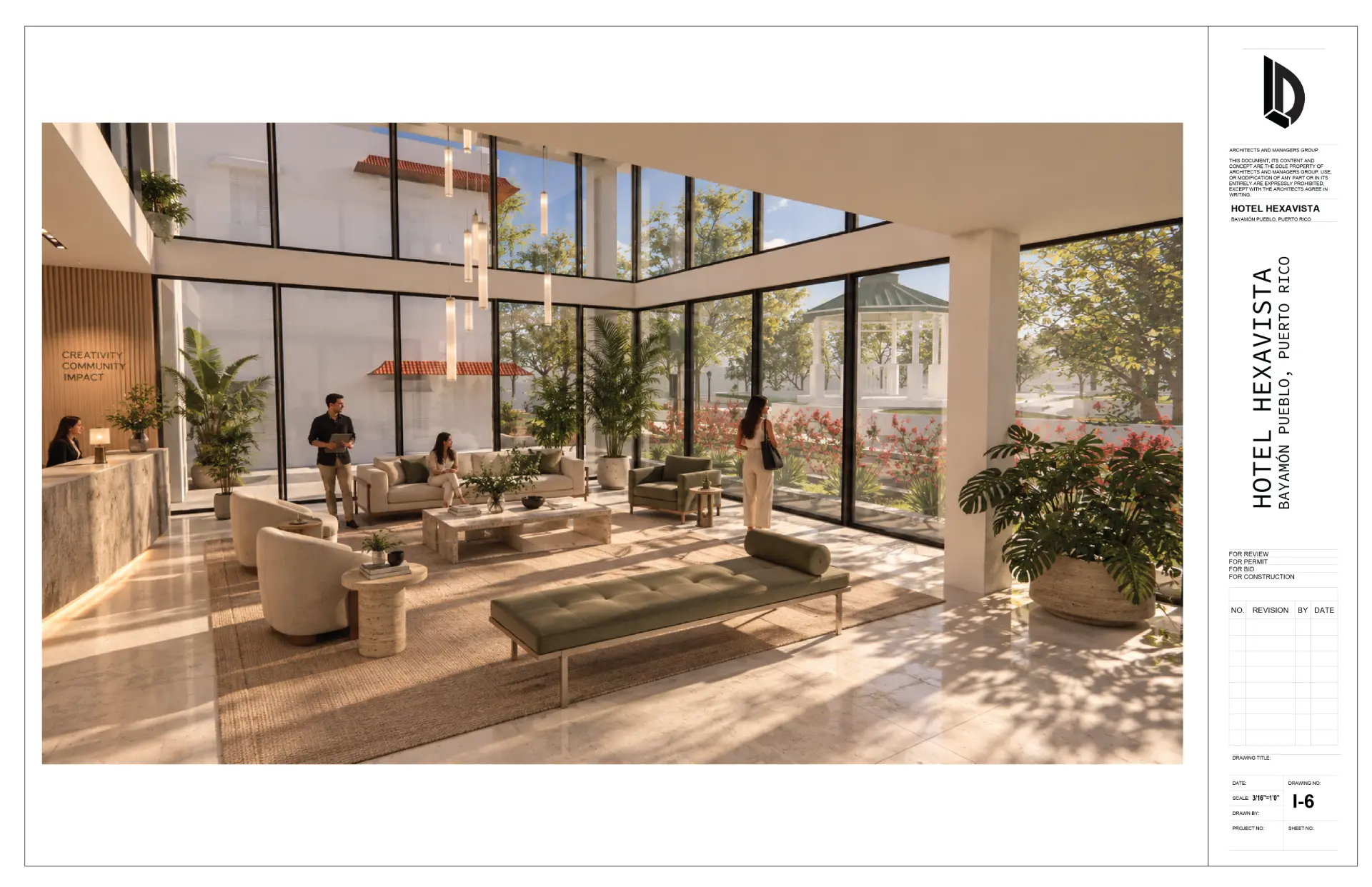 Interior lobby render sheet — Hotel Hexavista