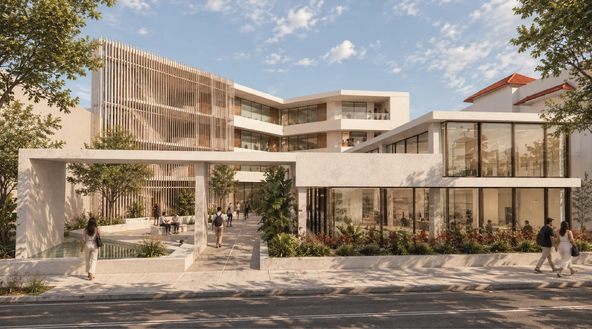 Exterior render — Hotel Hexavista entrance and courtyard